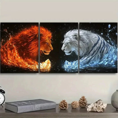 3pcs Lion Faces Stunning Golden White Metal Print Ready to Hang Art