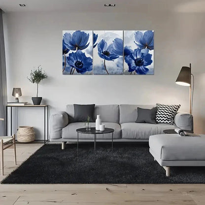 3pcs Modern Blue Anemone Flower Metal Print Ready to Hang Art