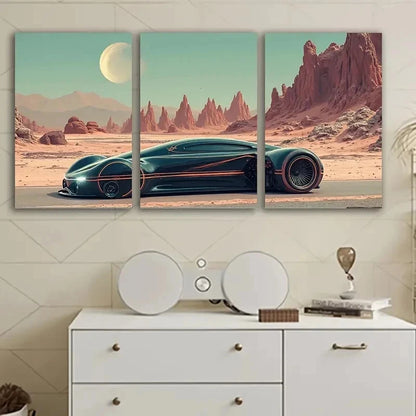 3pcs Futuristic Car In Desert Scene Wall Art Set Canvas Framed 60x90cm - High Quality Print 100% Australian Made Wall Canvas Ready to Hang