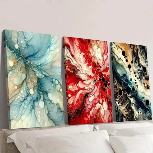 3pcs Blue Red and Black Abstract Fluid Texture Wall Art Set Canvas Unframed - High Quality Print 100% Australian Made Wall Canvas