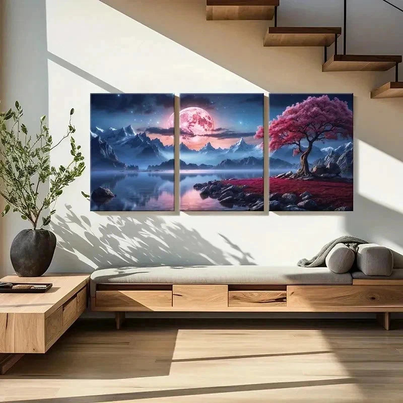 3pcs Red Moon Tree Mountains & Lake Wall Art Set Canvas Framed 40x60cm - High Quality Print 100% Australian Made Wall Canvas Ready to Hang