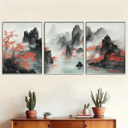 3pcs Mountain Landscape Red Swirl Décor Perfect Wall Art Set Canvas Framed 40x60cm - High Quality Print 100% Australian Made Wall Canvas Ready to Hang