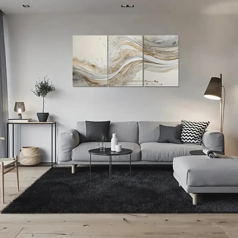 3pcs Golden & White Swirl Design Metal Print Ready to Hang Art