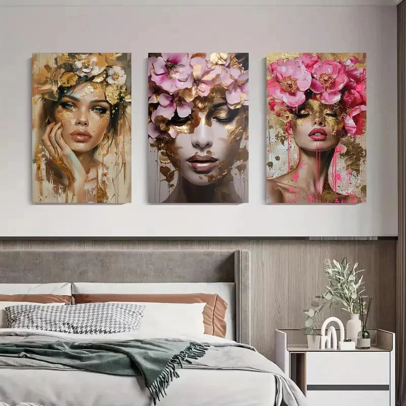 3pcs Floral Crown Woman Portrait Elegant Perfect Wall Art Set Canvas Framed 40x60cm - High Quality Print 100% Australian Made Wall Canvas Ready to Hang