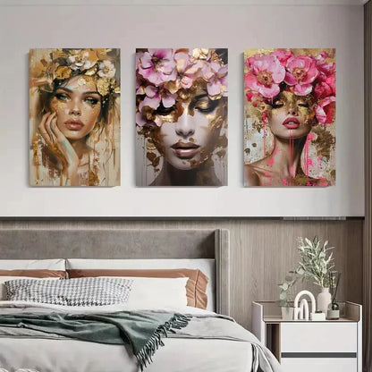 3pcs Floral Crown Woman Portrait Elegant Perfect Wall Art Set Canvas Framed 40x60cm - High Quality Print 100% Australian Made Wall Canvas Ready to Hang
