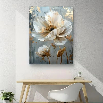 White Floral with Golden Accents European Style 60x90cm Metal Print Ready to Hang