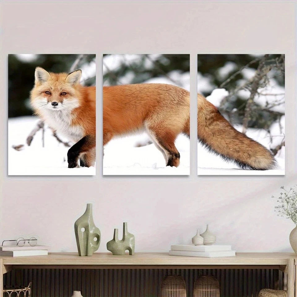 3pcs Red Fox in Snow Winter Wildlife Metal Print Ready to Hang Art