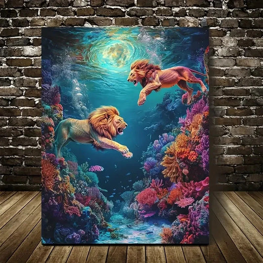 Beautiful Vibrant Lion Duo Underwater Painting 40x60cm Metal Print Ready to Hang