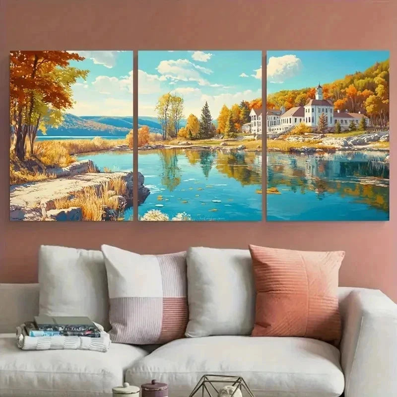 3pcs Vibrant Autumn Scenery Lake Mansion Perfect Wall Art Canvas Framed 60x90cm