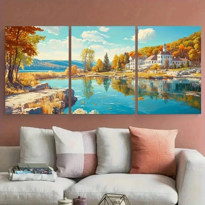 3pcs Vibrant Autumn Scenery Lake Mansion Perfect Wall Art Canvas Framed 60x90cm