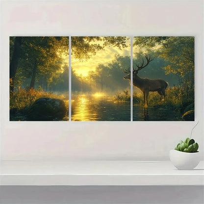 3pcs Vintage Green Foggy Forest Deer Metal Print Ready to Hang Art