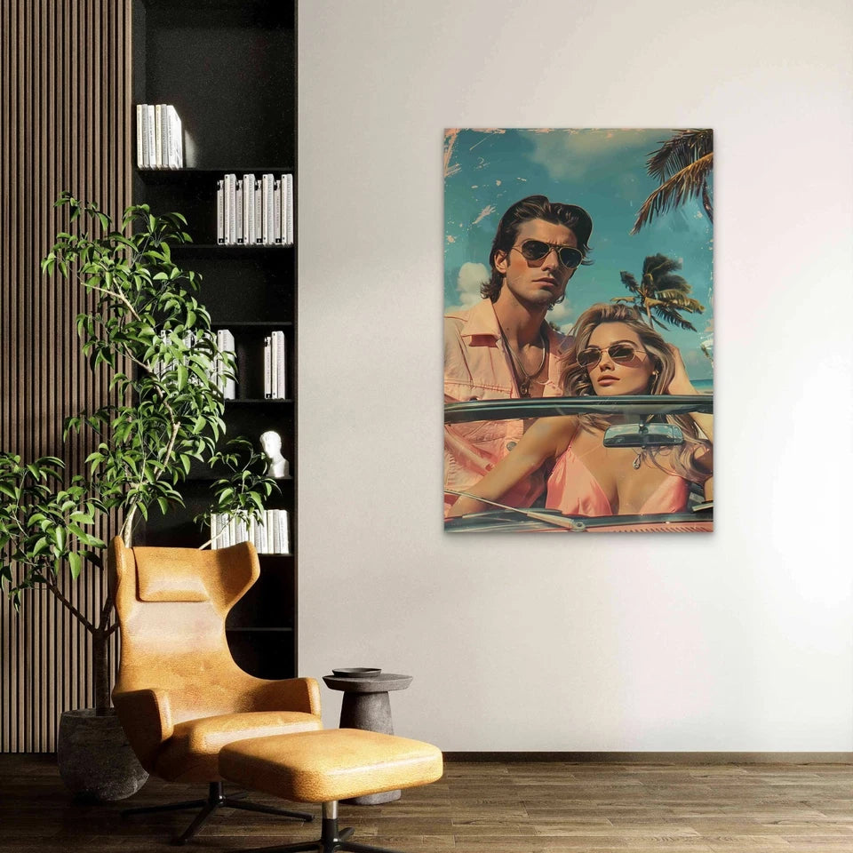 Hawaii Illustration Of A Couple 60×90cm Metal Print Ready to Hang