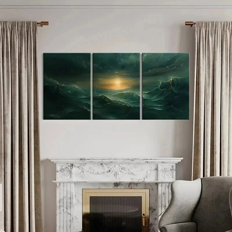 3pcs Mystical Golden Waves & Dark Clouds Wall Art Set Canvas Framed 40x60cm - High Quality Print 100% Australian Made Wall Canvas Ready to Hang