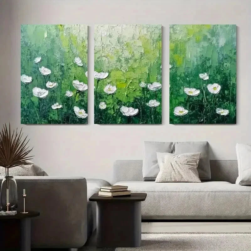3pcs White Flowers on Green Background Metal Print Ready to Hang Art
