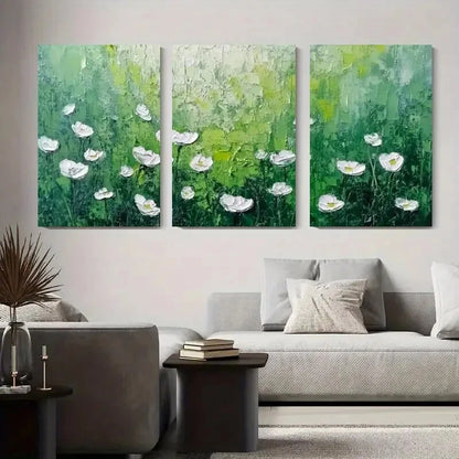 3pcs White Flowers on Green Background Metal Print Ready to Hang Art
