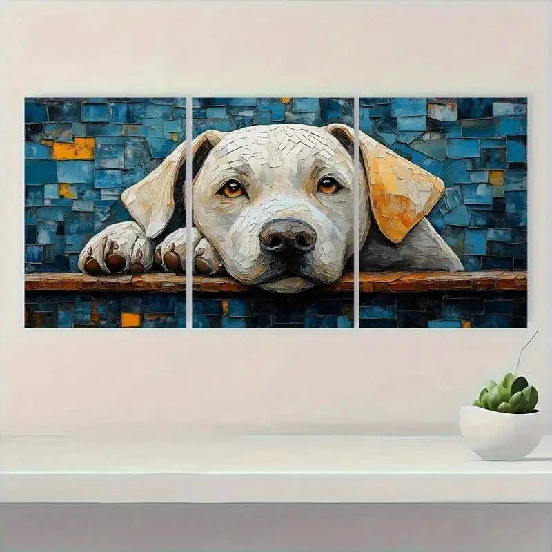 3pcs White Dog Modern Mosaic Design Metal Print Ready to Hang Art