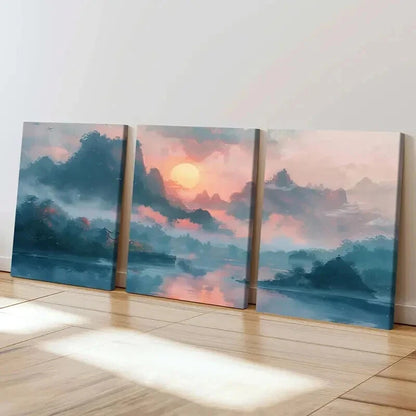 3pcs Sunrise Vintage Chinese Landscape Wall Art Set Canvas Framed 40x60cm - High Quality Print 100% Australian Made Wall Canvas Ready to Hang