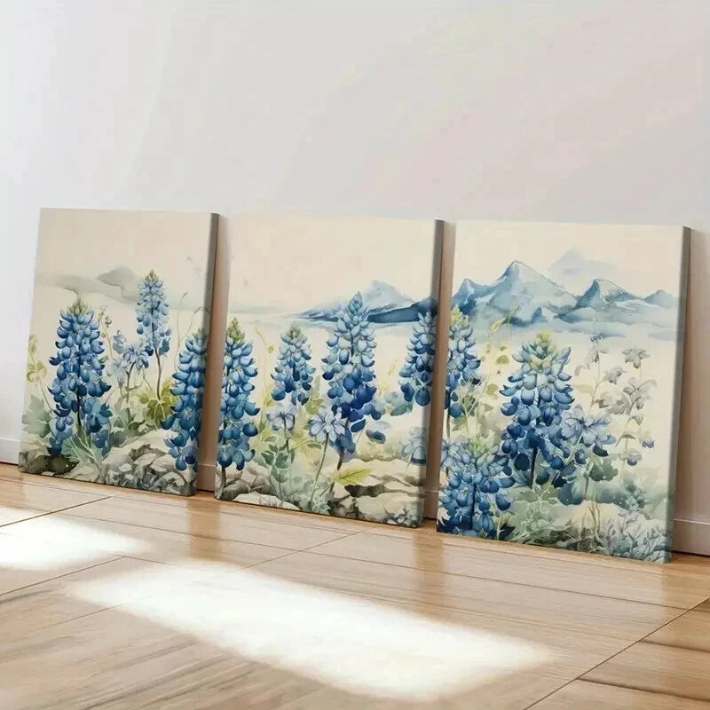 3pcs Mountain Landscape with Bluebonnet Flowers Wall Art Set Canvas Framed 40x60cm - High Quality Print 100% Australian Made Wall Canvas Ready to Hang