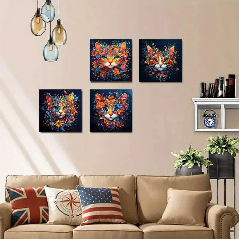 4pcs Vibrant Cat,Colorful Floral Feline Designs Wall Art Canvas Framed