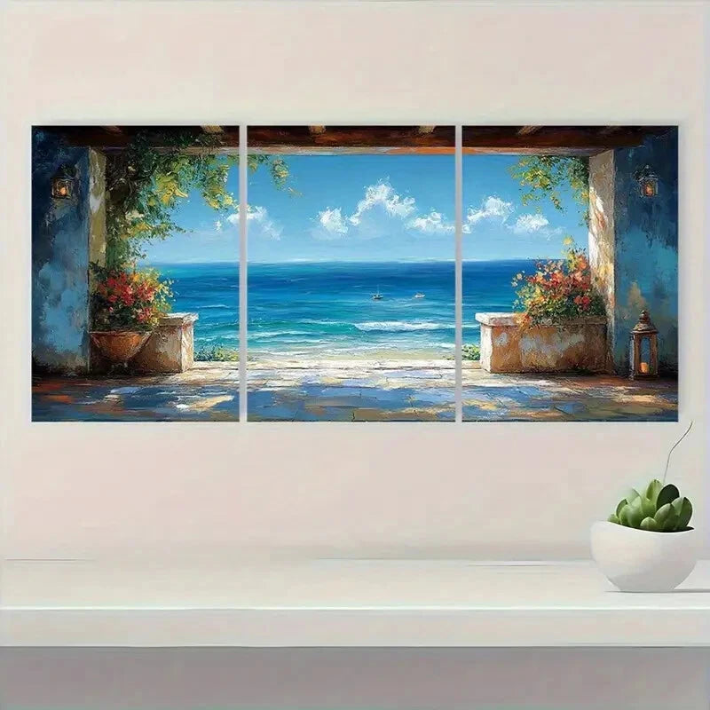3pcs Modern Abstract Ocean View with Blue Doors Metal Print Ready to Hang Art