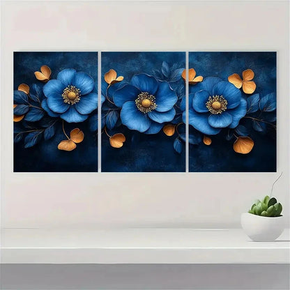 3pcs Vintage Scandinavian Blue Floral Metal Print Ready to Hang Art