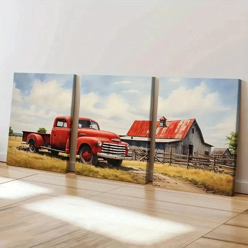 3pcs Retro Country Pickup Truck & Farm Wall Art Set Canvas Framed 40x60cm - High Quality Print 100% Australian Made Wall Canvas Ready to Hang