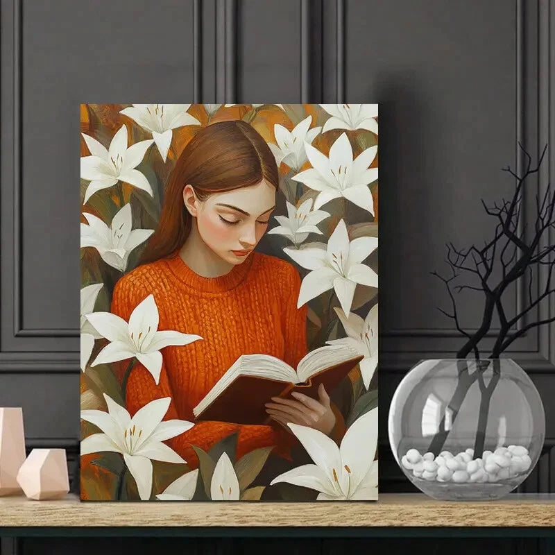 Girl In An Orange Sweater Is Reading White Lilies 40x60cm Metal Print Ready to Hang