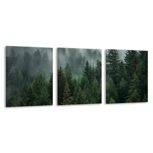 3pcs Misty Pine Forest Evergreen Trees in Green  Wall Art Set Canvas Framed 60x90cm - High Quality Print 100% Australian Made Wall Canvas Ready to Hang