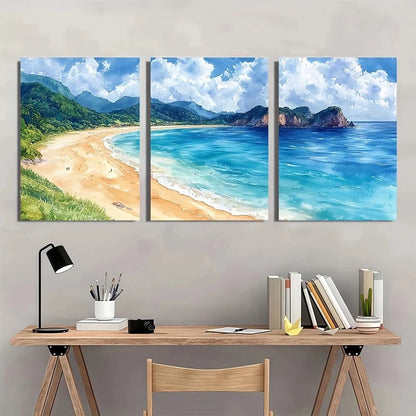 3pcs Sandy Beach Watercolor Coastal Scene Wall Art Set Canvas Framed 60x90cm - High Quality Print 100% Australian Made Wall Canvas Ready to Hang