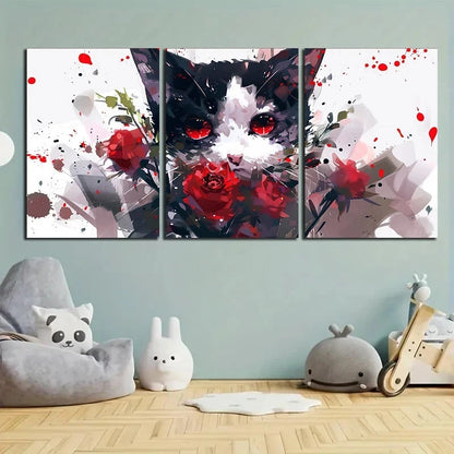 3pcs Modern Abstract Cat Red Rose Accents Metal Print Ready to Hang Art
