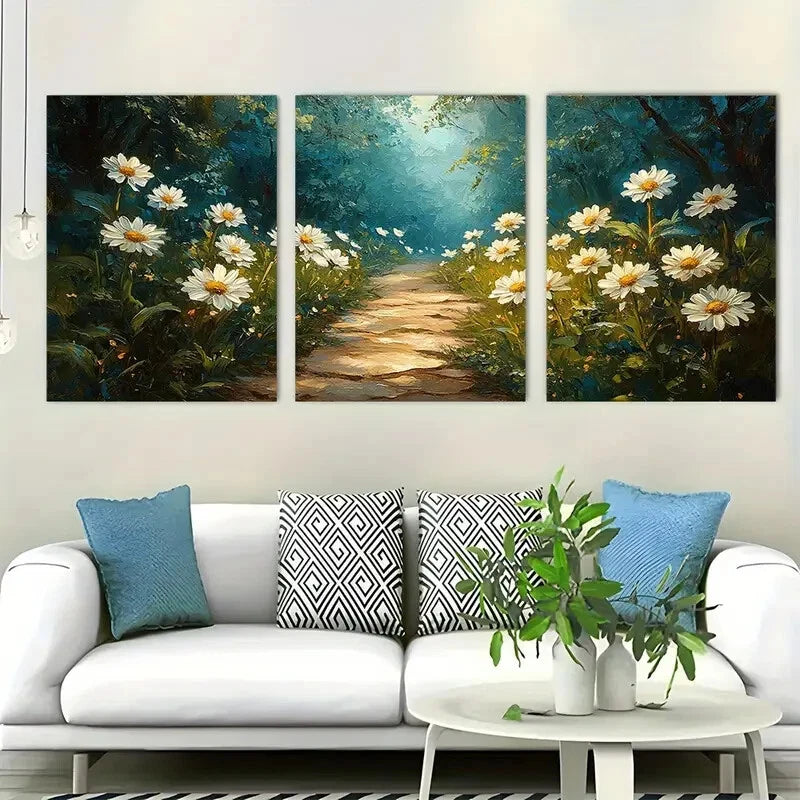 3pcs Serene Nature Scene White Daisies Perfect Wall Art Set Canvas Framed 40x60cm - High Quality Print 100% Australian Made Wall Canvas Ready to Hang