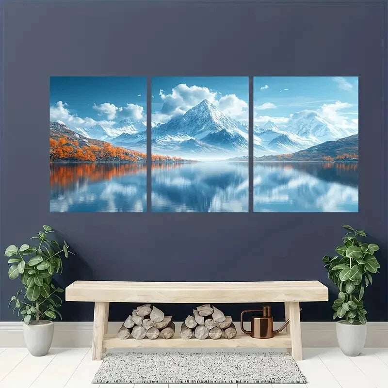 3pcs Featuring Minimalist Mountains And a Lake Metal Print Ready to Hang Art