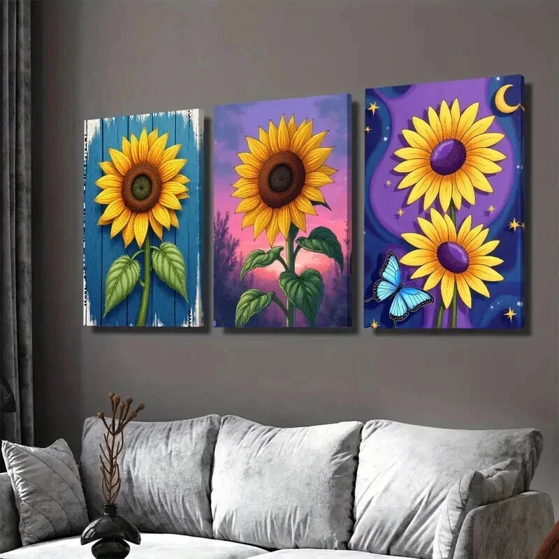3pcs Vibrant Sunflower Modern Classic Floral Sky Wall Art Set Canvas Framed 50x70cm - High Quality Print 100% Australian Made Wall Canvas Ready to Hang