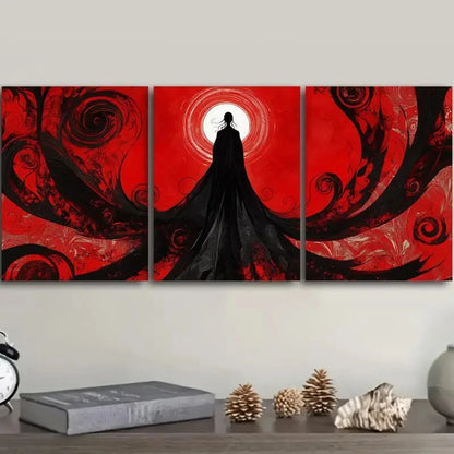 3pcs Mysterious Cloaked Figure with Red Swirls Wall Art Set Canvas Framed 60x90cm - High Quality Print 100% Australian Made Wall Canvas Ready to Hang