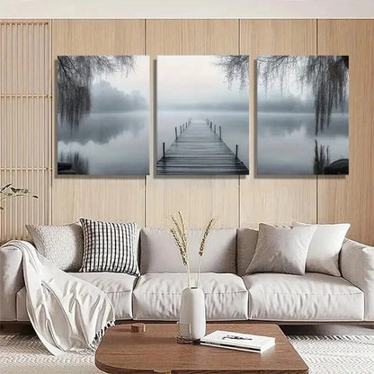 3pcs Misty Lake Dock Serene Water Willow Perfect Wall Art Set Canvas Framed 40x60cm - High Quality Print 100% Australian Made Wall Canvas Ready to Hang