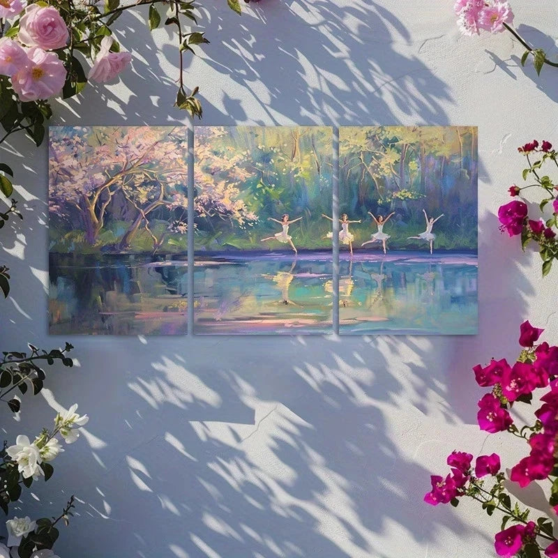 3pcs Chinese Dance Garden Scene Metal Print Ready to Hang Art