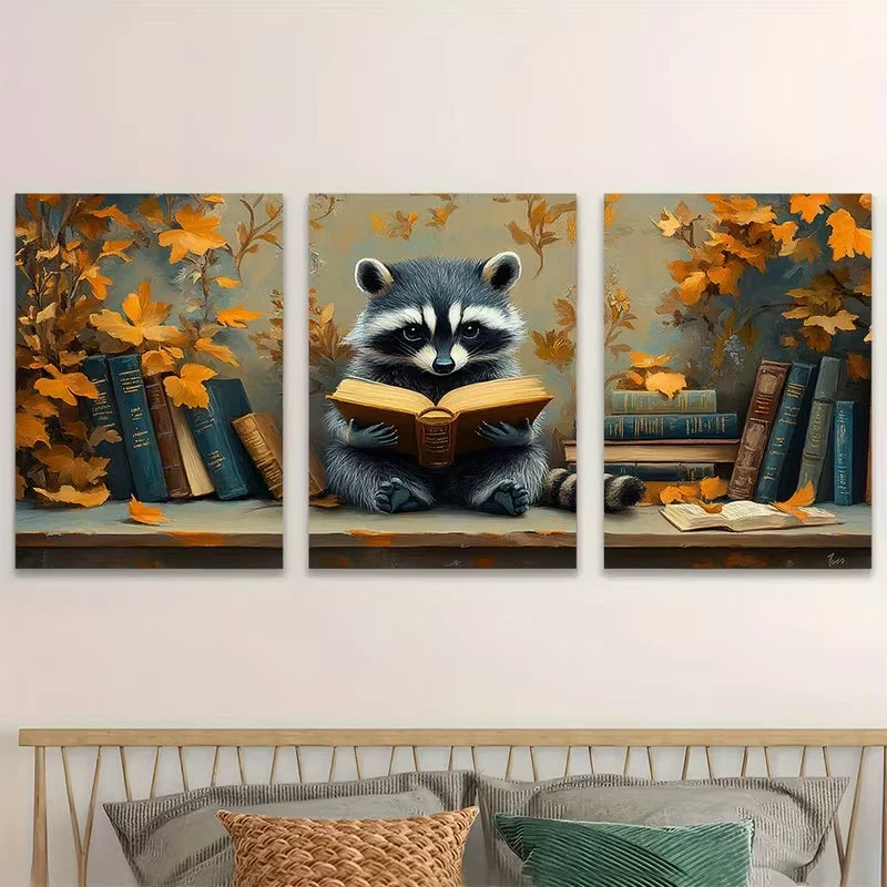 3pcs Whimsical Reading Raccoon Metal Print Ready to Hang Art