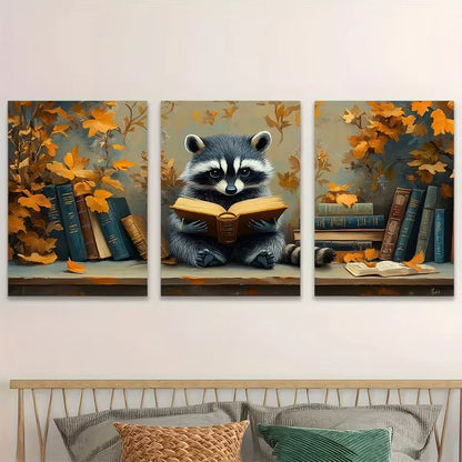3pcs Whimsical Reading Raccoon Metal Print Ready to Hang Art