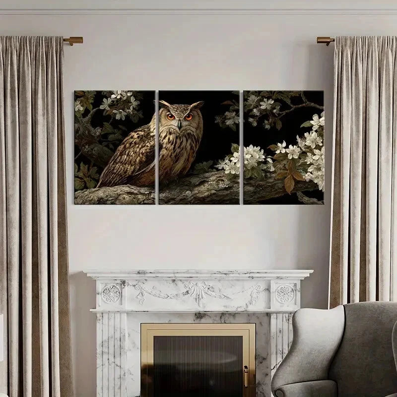 3pcs Owl Artwork Floral Design Night Scene Metal Print Ready to Hang Art