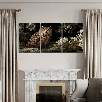 3pcs Owl Artwork Floral Design Night Scene Metal Print Ready to Hang Art