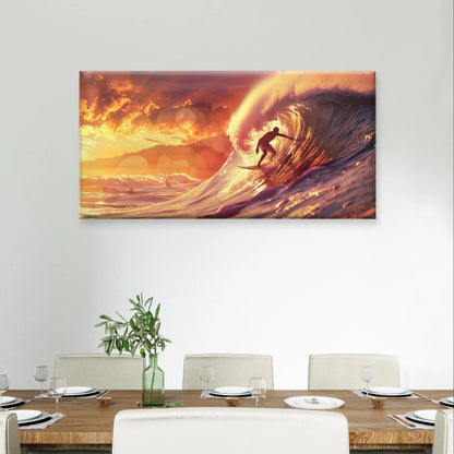 Surfer Catching Golden Hour Wave Wall Art Canvas Office Home Framed 120x60cm