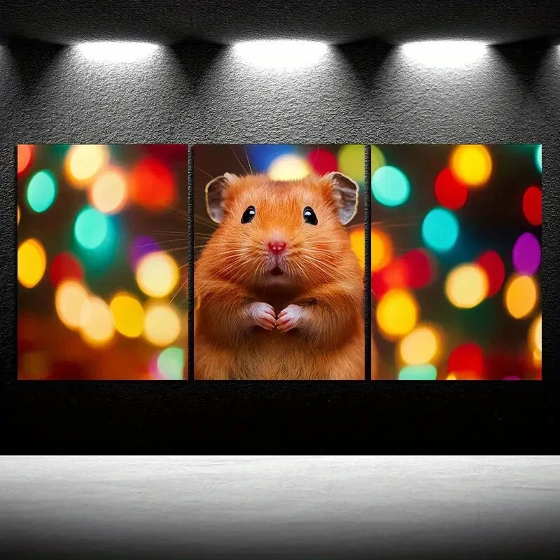 3pcs Beautiful Hamster Colourful Bubbles Metal Print Ready to Hang Art