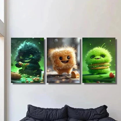 3pcs Cute Green Furry Food Monster Wall Art Canvas Unframed - High Quality Print 100% Australian Made Wall Canvas
