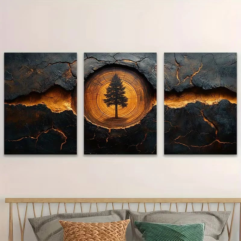 3pcs Abstract Golden Tree Rings Metal Print Ready to Hang Art