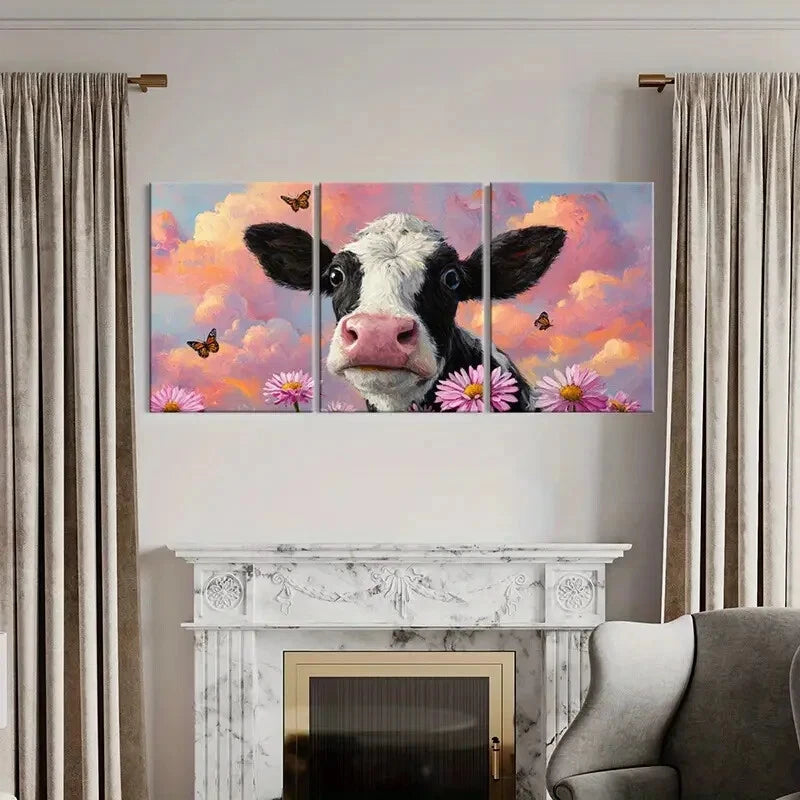 3pcs Vibrant Cow Portrait with Floral & Butterfly Metal Print Ready to Hang Art