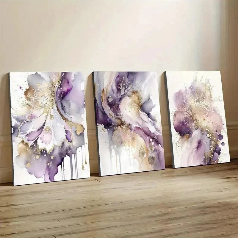 3pcs Purple And Golden Modern Decor Wall Art Set Canvas Framed 40x60cm - High Quality Print 100% Australian Made Wall Canvas Ready to Hang