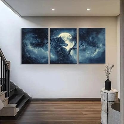 3pcs Majestic Wolf Under the Full Night Perfect Wall Art Set Canvas Framed 40x60cm - High Quality Print 100% Australian Made Wall Canvas Ready to Hang