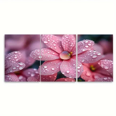 3pcs Morning Dew Droplets on Pink Flower Wall Art Set Canvas Unframed – High Quality Print 100% Australian Made Wall Canvas