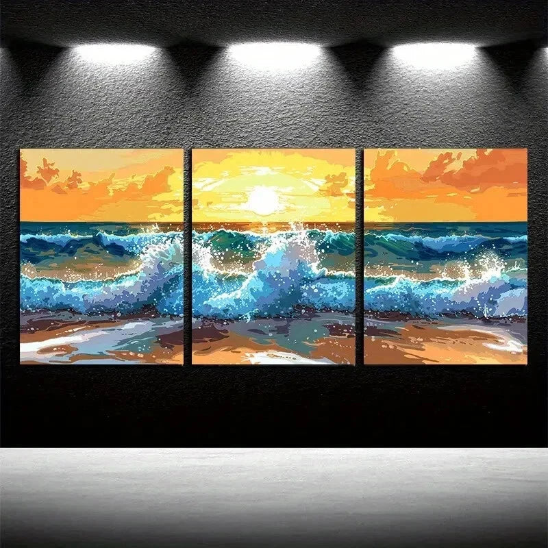 3pcs Vibrant Sea Dusk with Waves Illustration Wall Art Set Canvas Framed 50x70cm - High Quality Print 100% Australian Made Wall Canvas Ready to Hang