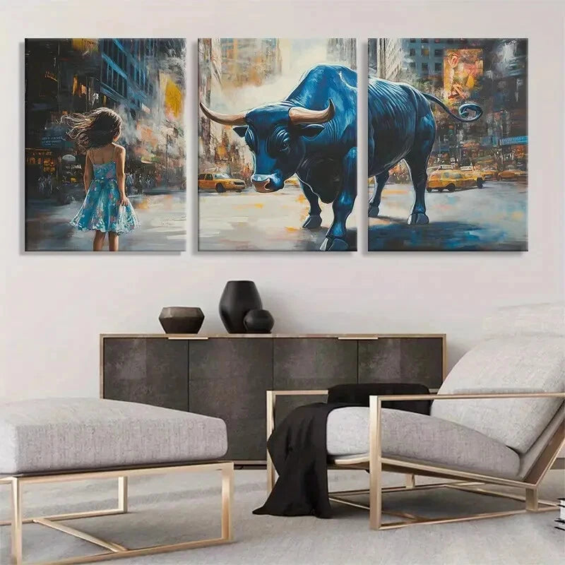 3pcs Fearless Girl and Bull Powerful Perfect Wall Art Set Canvas Framed 40x60cm - High Quality Print 100% Australian Made Wall Canvas Ready to Hang